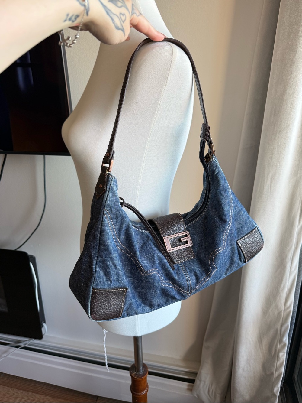 Guess Denim Shoulder Bag with Dark Brown Trim - Picture 1 of 11